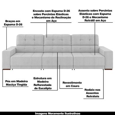 Sofá Sala de Estar Retrátil e Reclinável 5 Lugares Lisboa 350cm Branco Couro - Gran Belo