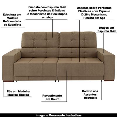 Sofá Sala de Estar Retrátil e Reclinável 3 Lugares Lisboa 210cm Bege Couro - Gran Belo