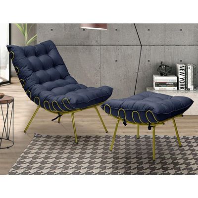 Kit 2 Puff Decorativo Sala de Estar Abel Pés Dourado Veludo Azul - Gran Belo