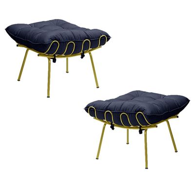 Kit 2 Puff Decorativo Sala de Estar Abel Pés Dourado Veludo Azul - Gran Belo