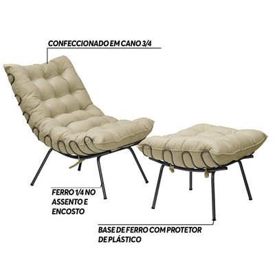 Conjunto Decorativo Poltrona e Puff Abel Base de Ferro Preto Veludo Bege - Gran Belo