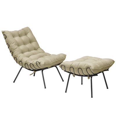 Conjunto Decorativo Poltrona e Puff Abel Base de Ferro Preto Veludo Bege - Gran Belo