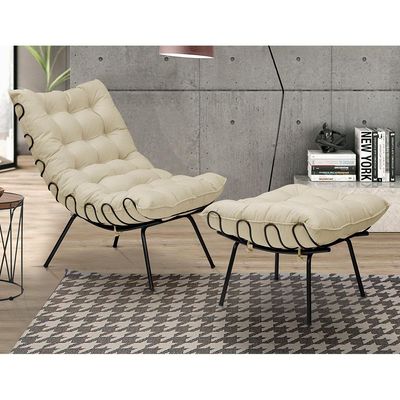 Conjunto Decorativo Poltrona e Puff Abel Base de Ferro Preto Veludo Bege - Gran Belo