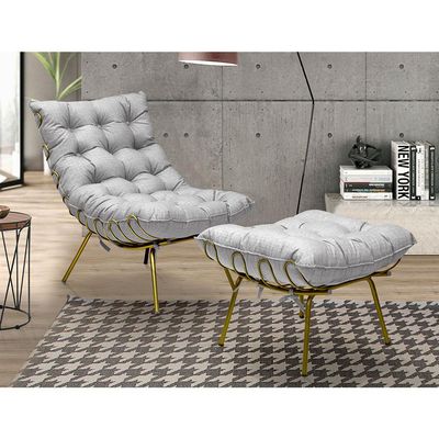 Puff Decorativo Sala de Estar Abel Pés Dourado Linho Cinza Claro - Gran Belo