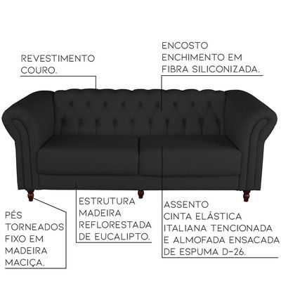 Sofá 3 Lugares Maggiore 240cm Couro Preto - Gran Belo