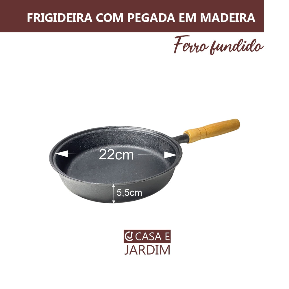 Frigideira de Ferro Grill Com Cabo Em Madeira Com Tampa 22cm
