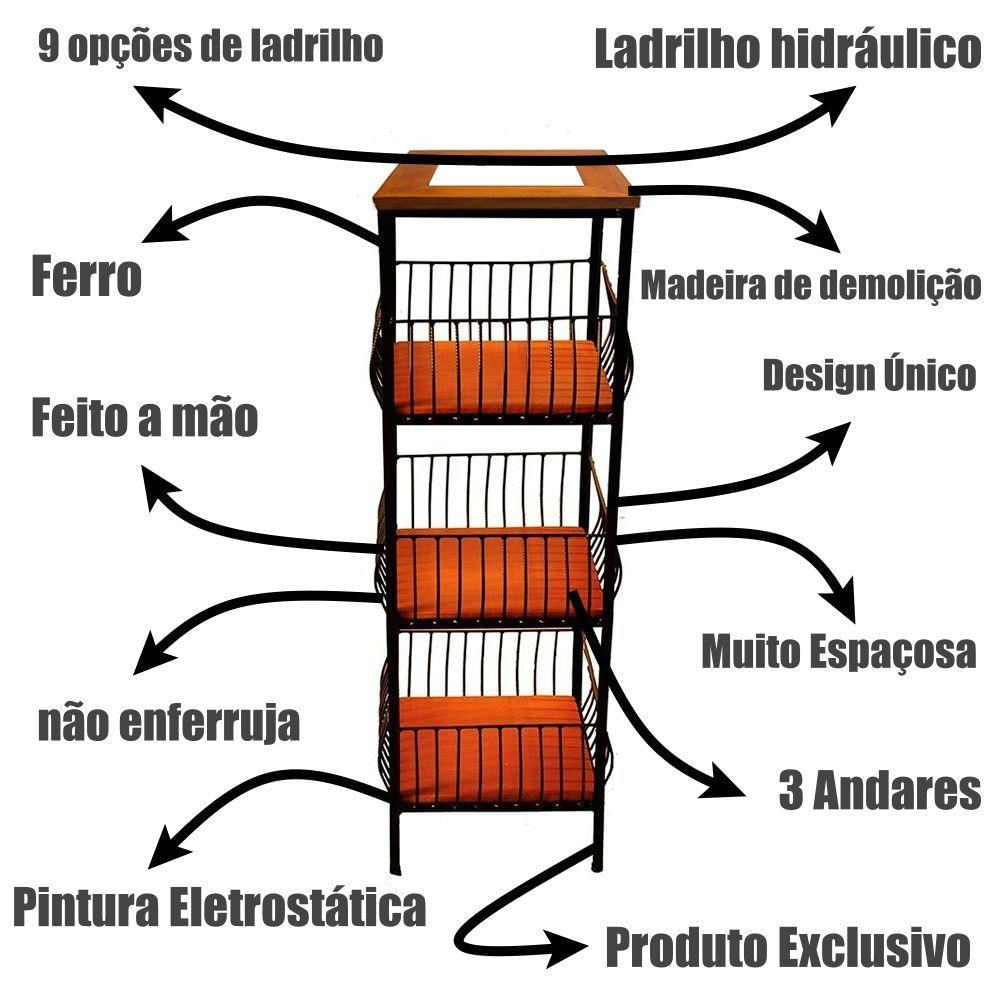 Fruteira De Ferro E Madeira Grande 3 Andares Com Ladrilho Hidráulico Artesanal Ladrilho B1