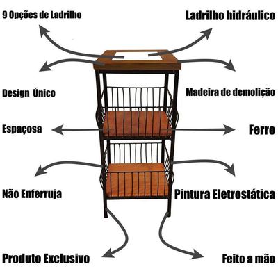 Fruteira De Ferro E Madeira 2 Andares Com Ladrilho Hidráulico Artesanal Ladrilho B4