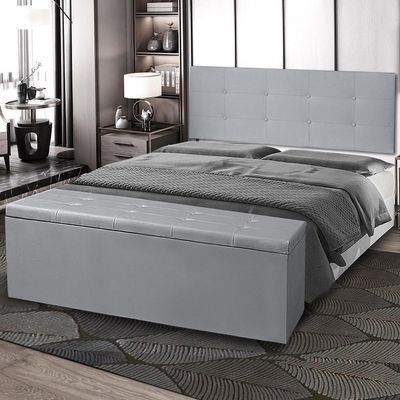Kit Cabeceira Painel E Calçadeira Baú Casal Queen 1,60m Berlim Material Sintético Cinza