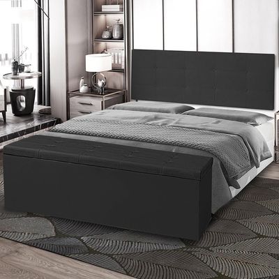 Kit Cabeceira Painel E Calçadeira Baú Casal Queen 1,60m Berlim Material Sintético Preto