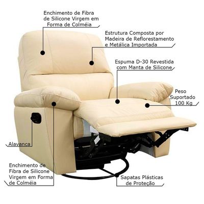 Poltrona Reclinável Giratória Glider Couro Bege