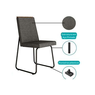 Cadeira Sala de Jantar Lira 1752 Aço Kit 2 Uni Preto/Linho Grafite/Courano Preto - Carraro