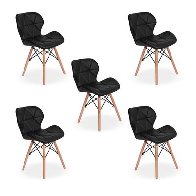 Kit 5 Cadeiras Eames Eiffel Slim Wood Estofada Preta