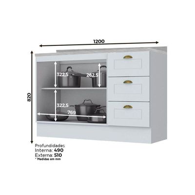 Balcão de Cozinha Americana p/ Pia 3 Gavetas e 2 Portas c/Tampo 120cm Branco - Henn