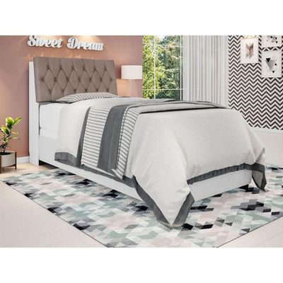 Cabeceira Box Solteiro Isis Branco Com Capitonê Bege Escuro