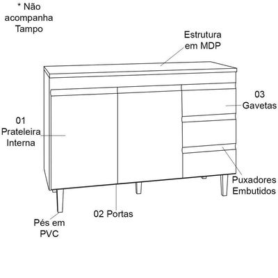 Balcão De Pia 120 Cm Adriana 2 Portas E 3 Gavetas Cinza