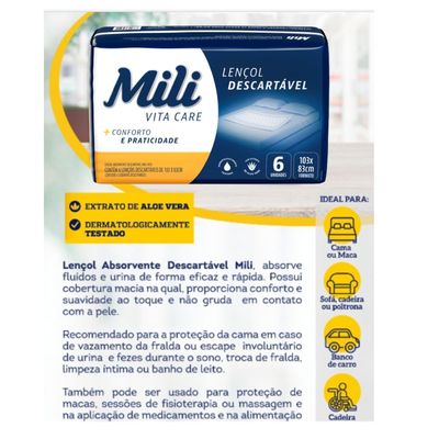 Lençol Descartável Absorvente Mili Vita p/adulto 3 pacotes c/ 6 lençóis  Total 18 lençóis