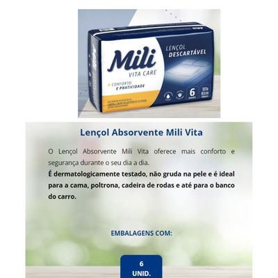 Lençol Descartável Absorvente Mili Vita p/adulto 1 pacote c/ 6 lençóis