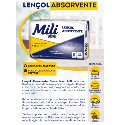 Lençol Descartável  Absorvente Mili Vita para adulto  5 pacotes com 6 lençóis   Total 30 lençóis
