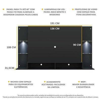 Painel Tv 60'' com 2 Leds e Prateleiras de Vidro Vegas