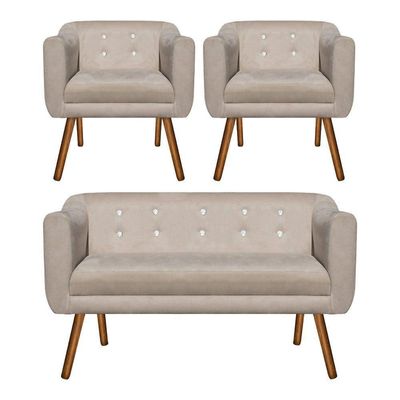 Kit 01 Namoradeira e 02 Poltronas Julia Bege Com Strass