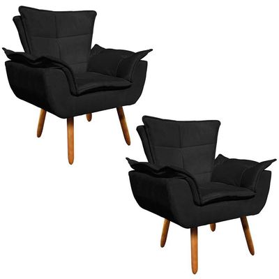 Kit 02 Poltronas Opala Suede Preto Pés Palito Castanho