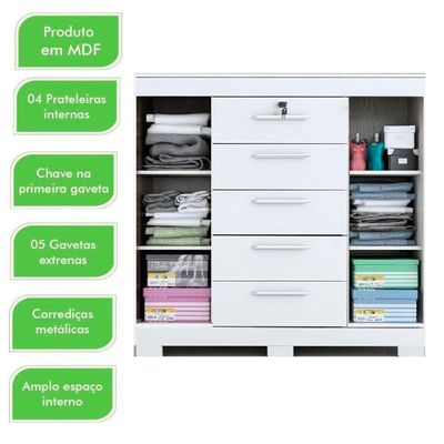 Cômoda Diana Prime Com 5 Gavetas Com Chave Acp Móveis Branco