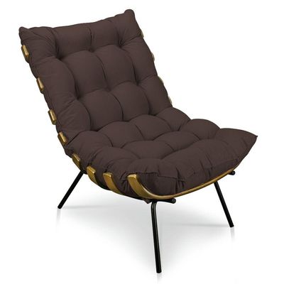 Kit Poltrona e Puff Costela Suede Base Metal Drossi Marrom