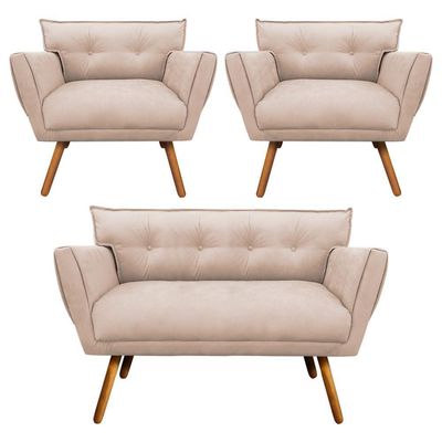 Kit 01 Namoradeira e 02 Poltronas Anitta Suede Pés Palito