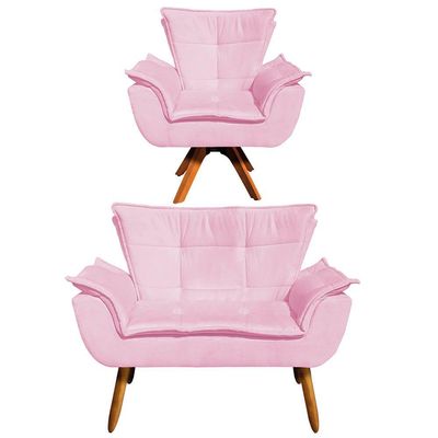 Kit 01 Namoradeira e 01 Poltrona Giratória Opala Suede Rosa