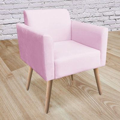 Kit 02 Poltronas Marisa Suede Pés Palito Natural Rosa Bebê