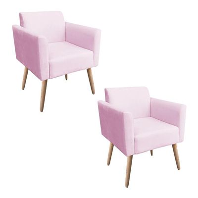 Kit 02 Poltronas Marisa Suede Pés Palito Natural Rosa Bebê