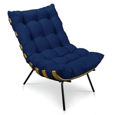 Kit 01 Poltrona e 01 Puff Costela Base Metal Azul