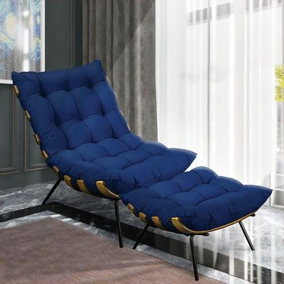 Kit 01 Poltrona e 01 Puff Costela Base Metal Azul