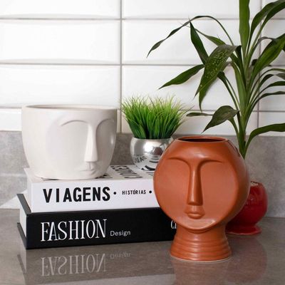 Vaso Decorativo Rosto Em Cerâmica Terracota 18x14 Cm - D'rossi