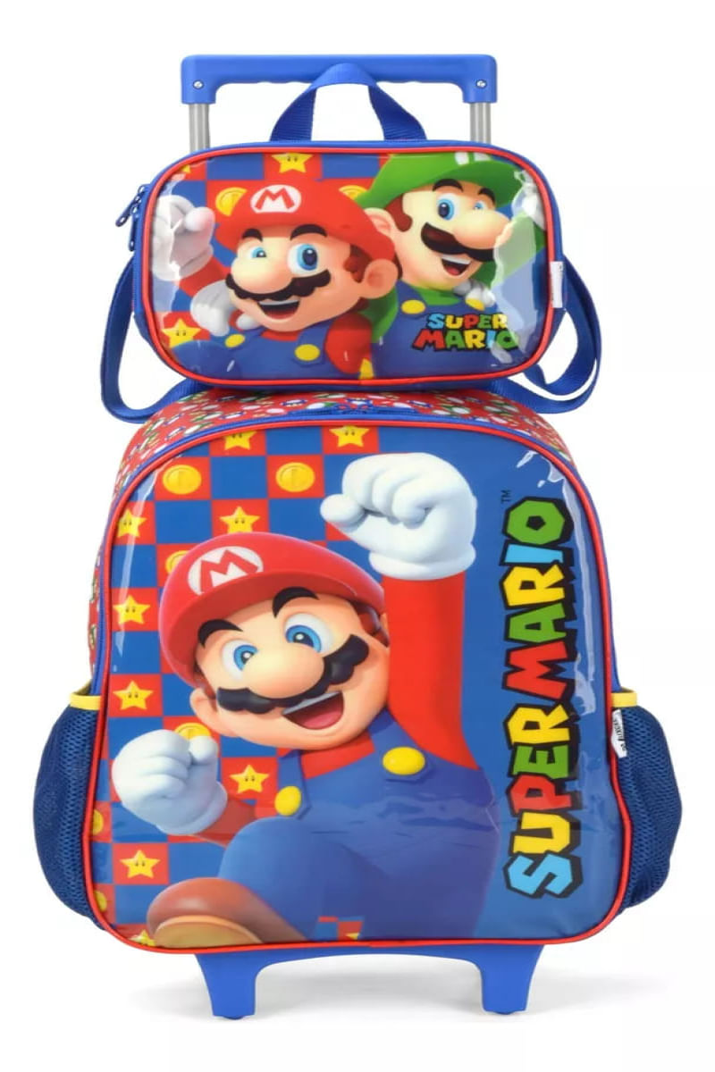 Mochila De Rodinhas Vermelho Super Mario Com Lancheira - Luxcel