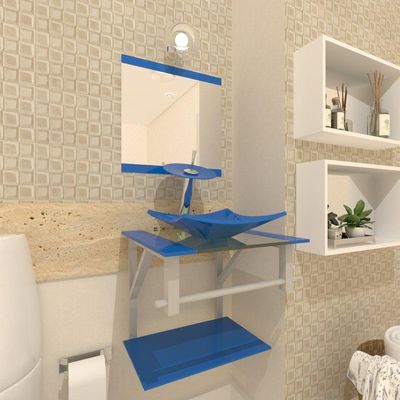 Gabinete de Vidro 40cm com Cuba Quadrada Torneira Ibiza Azul