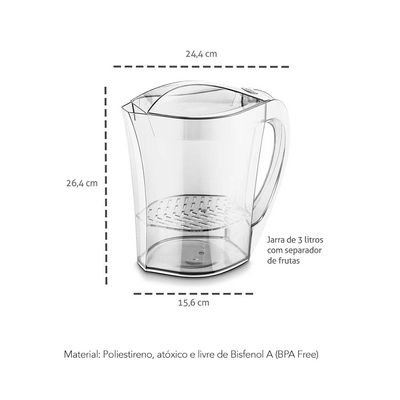 Jarra de Suco Separador Frutas Transparente PS 3L