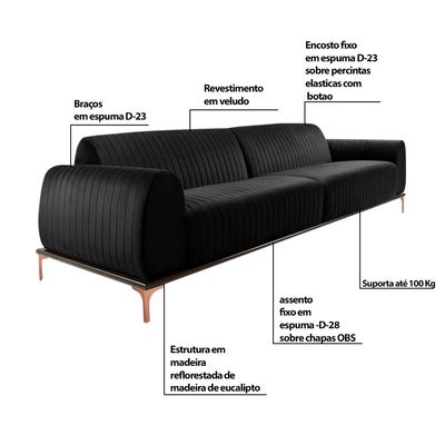 Sofá 4 Lugares Sala de Estar Base de Madeira Euro 280 cm Veludo Preto - Gran Belo
