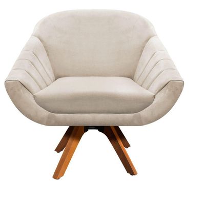 Poltrona Giratória Giovana Suede Base Madeira Drossi Bege