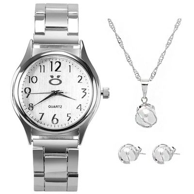 Relogio Feminino Aço Inox Prata + Colar Brincos + Caixa Social Moda Qualidade Presente