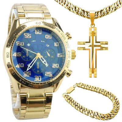 Relogio Prova Dagua Aço Inox + Pulseira + Cordão Grosso Casual Social Qualidade Presente