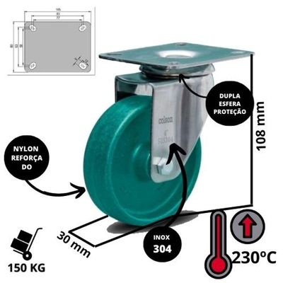 Rodizio Alta Temperatura Inox 3 Pol. Giratório S/Freio 230ºc