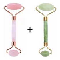 Rolo Massageador Facial Pedra Quartzo Pedra Rosa + Pedra Jade Verde