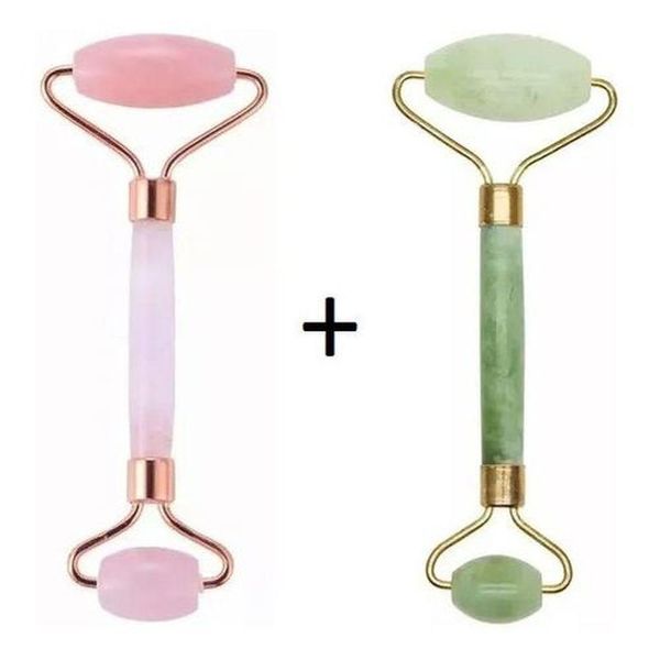 Rolo Massageador Facial Pedra Quartzo Pedra Rosa + Pedra Jade Verde