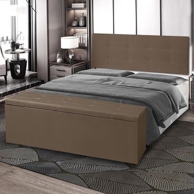 Kit Cabeceira Painel E Calçadeira Baú Casal 1,40m Berlim Suede Marrom Dal Poz Estofados