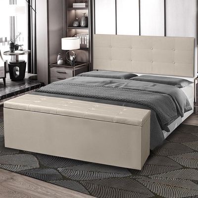 Kit Cabeceira Painel E Calçadeira Baú Casal Queen 1,60m Berlim Suede Bege Dal Poz Estofados