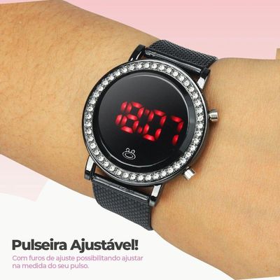 Relogio Feminino Digital Aço Inoxidavel Strass Led Moda Qualidade Premium Pulseira Ajustavel Preto
