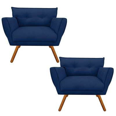 Kit 02 Poltronas Anitta Azul Marinho Pés Palito Castanho