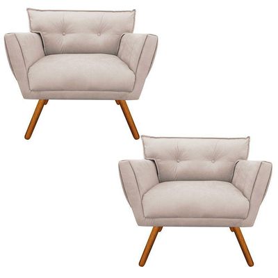 Kit 02 Poltronas Anitta Suede Bege Pés Palito Castanho